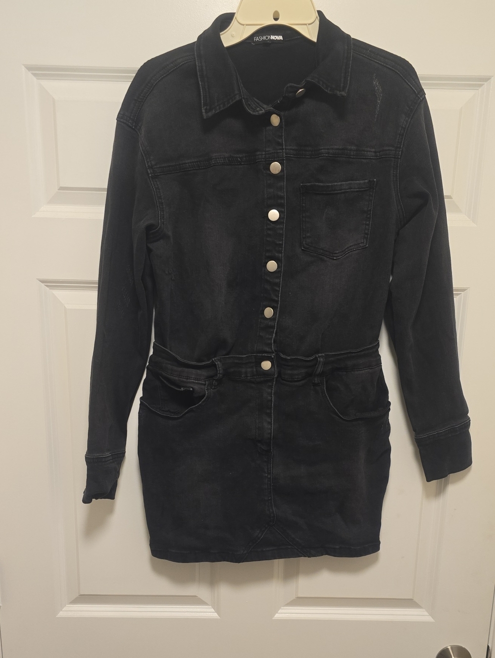 Fashion Nova Black Denim Jacket Dress with Button Front